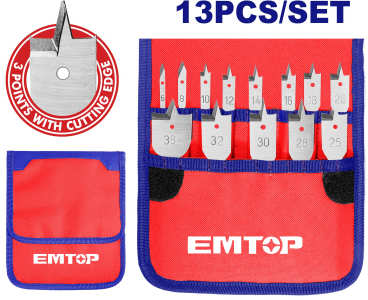 EMTOP Set of Flat Wood Drill Bits 13Pcs 152mm 1/4 inch 6-38mm EWFD41301