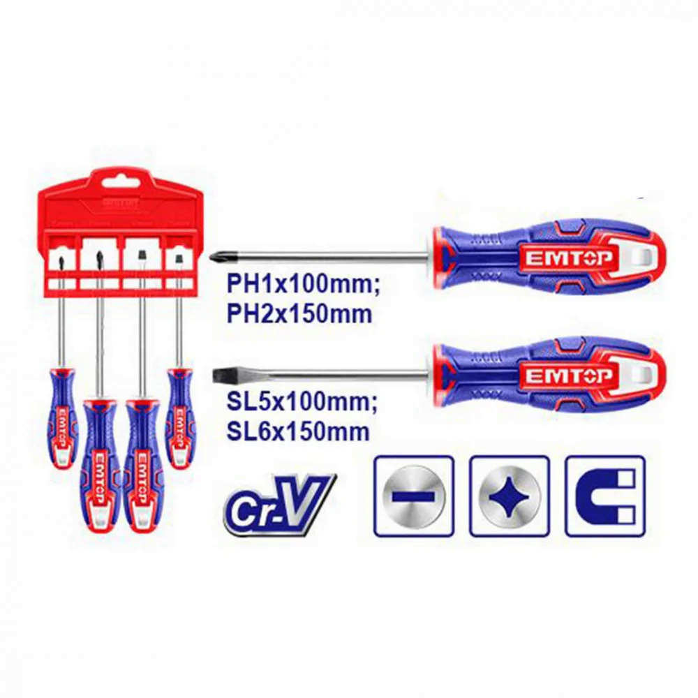 EMTOP Screwdriver Set 4 Pieces Chrome Vanadium Steel ESST0402