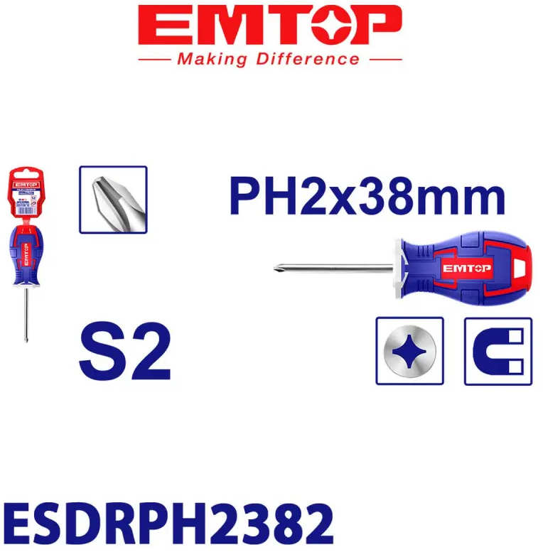 EMTOP Phillips Screwdriver PH2 S2 Industrial Steel 38mm ESDRPH2382