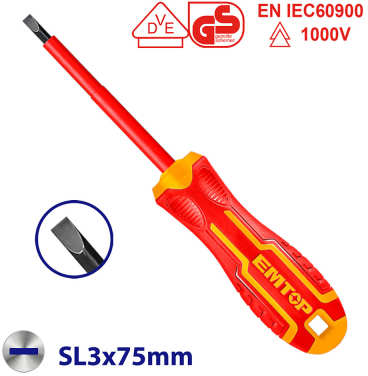 EMTOP Insulated Flat Screwdriver 1000V SL3.0 × 75mm ESDRJ3075