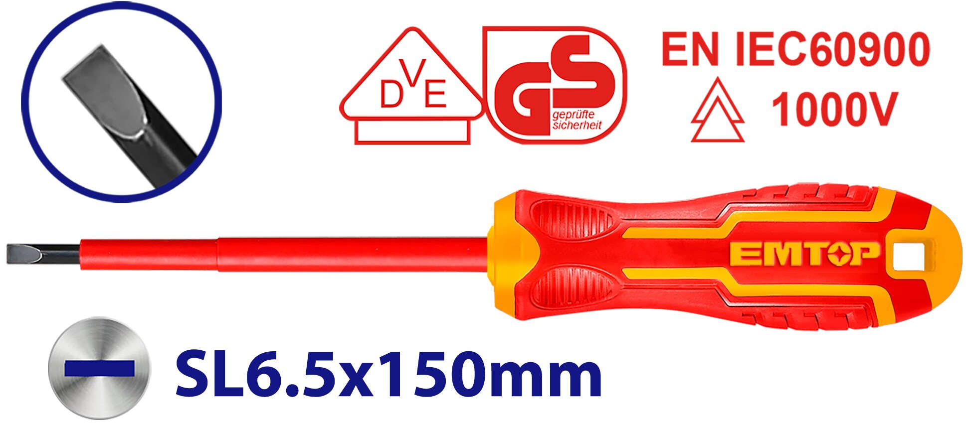 EMTOP Insulated Flat Screwdriver 1000V SL6.5 × 150mm ESDRJ6150