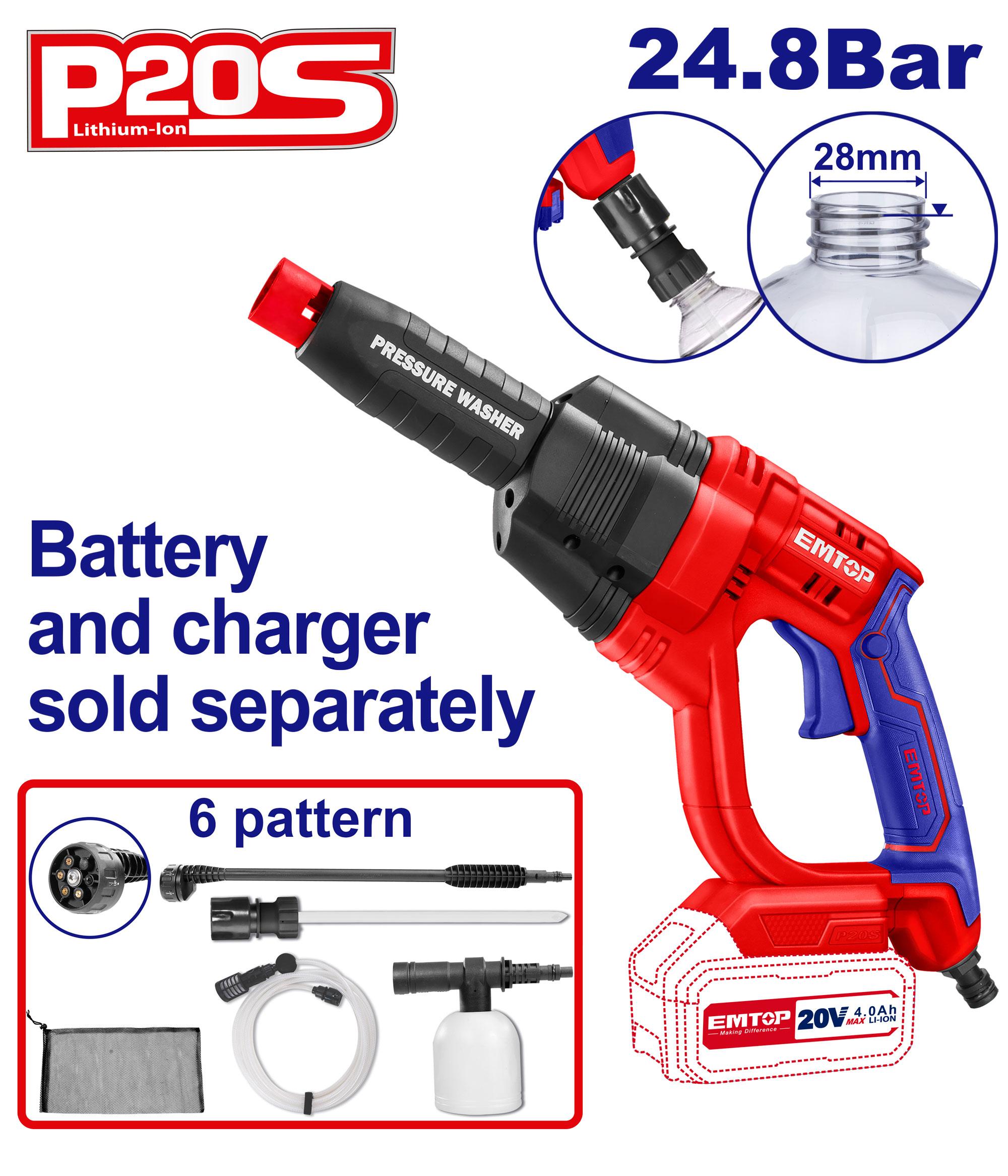 EMTOP 20V Cordless Pressure Washer 24.8 Bar, 2.2L/min Flow Rate, Without Battery ELPW2025012