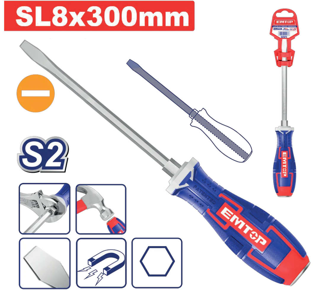 EMTOP Flat Screwdriver 330mm, Made Of Industrial S2 Steel EGTSSL8300