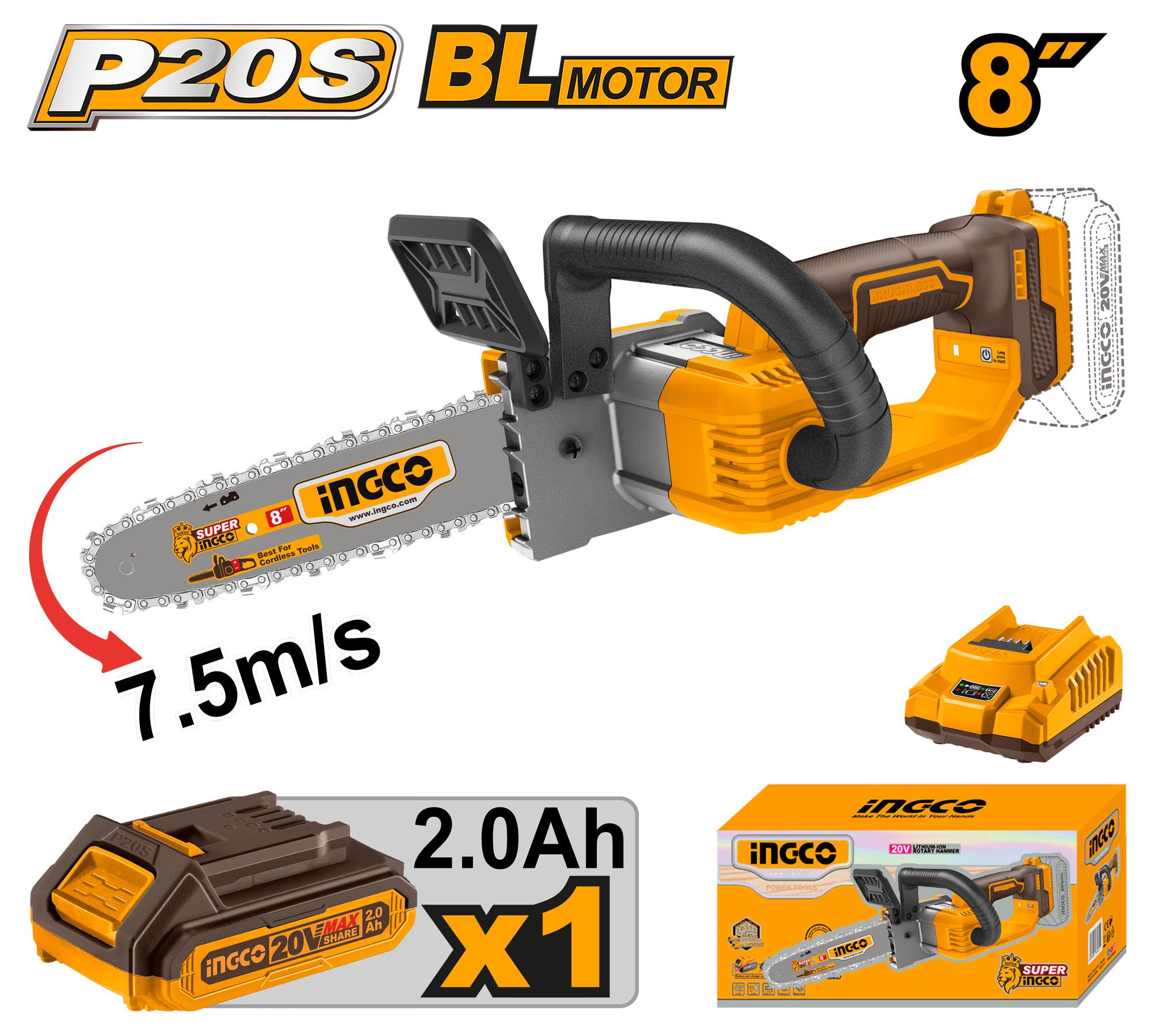 INGCO Cordless Chain Saw 20V 20cm 8 inch 7.5m/s including 1 Battery 2.0Ah and 1 Charger CGSLI20851