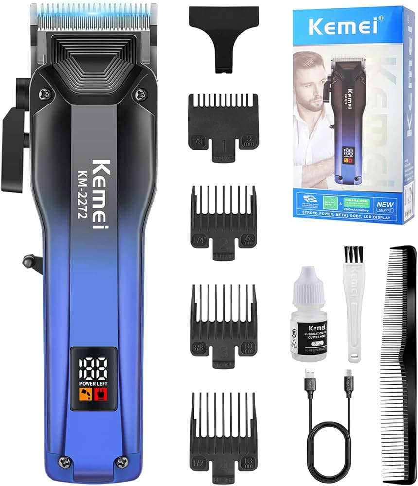 Kemei Professional Cordless Electric Hair Clipper with Twin Blades, 2000mAh Rechargeable Battery, USB Fast Charging, LCD Display, Adjustable Cutting Lengths KM-2272
