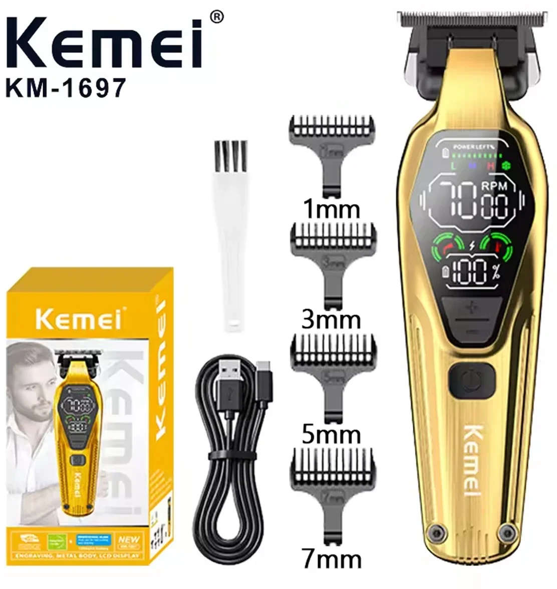 Kemei Professional Cordless Rechargeable Hair and Beard Trimmer with Adjustable Blades KM1697