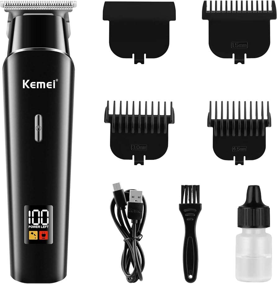 كيمي مكينة حلاقة الشعر واللحية قابلة لإعادة الشحن ببطارية 1200 مللي أمبير، وشاشة LED، وشحن USB من النوع Type-C تعمل لاسلكيًا لمدة 210 دقائق، بشفرة من الستانلس ستيل KM1113