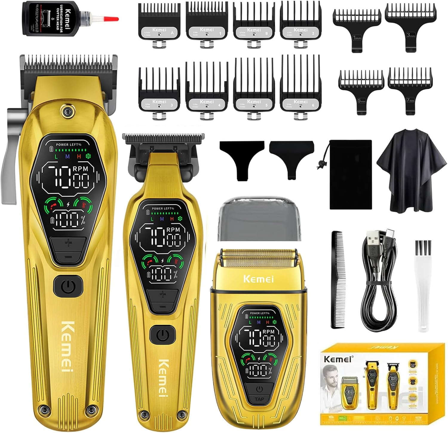 Kemei 3-in-1 Professional Cordless Hair Clipper, T-Blade Zero-Gapped Hair Trimmer, and Beard Shaver Set with LED Display and Rechargeable Battery KM-8551
