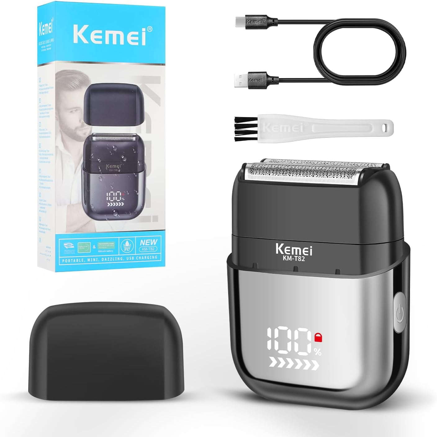 Kemei Portable USB Rechargeable 900mAh Waterproof Twin Blade Electric Shaver with Digital Display for Men KM-T82