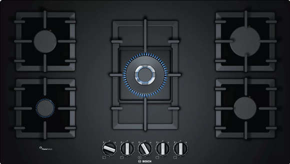 بوش طباخ غاز مدمج 5 عيون، 90 سم، بسطح زجاجي مقوى ووحدة تحكم FlameSelect PPQ9A6B90