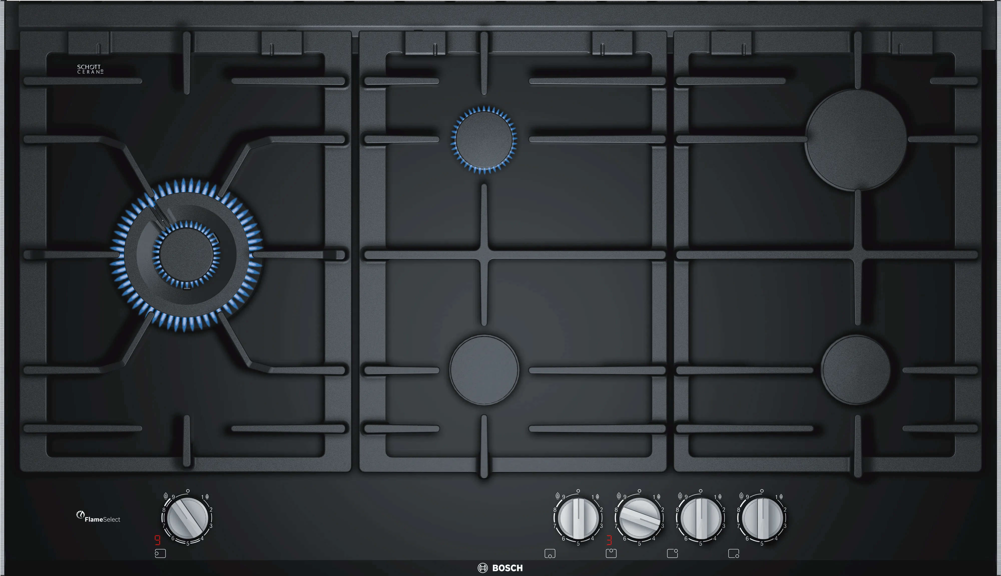 Bosch 90 cm 5-Burner Built-In Gas Hob with Black Ceramic Glass, Dual Wok Burner, FlameSelect, and Cast Iron Pan Supports PRS9A6D70M