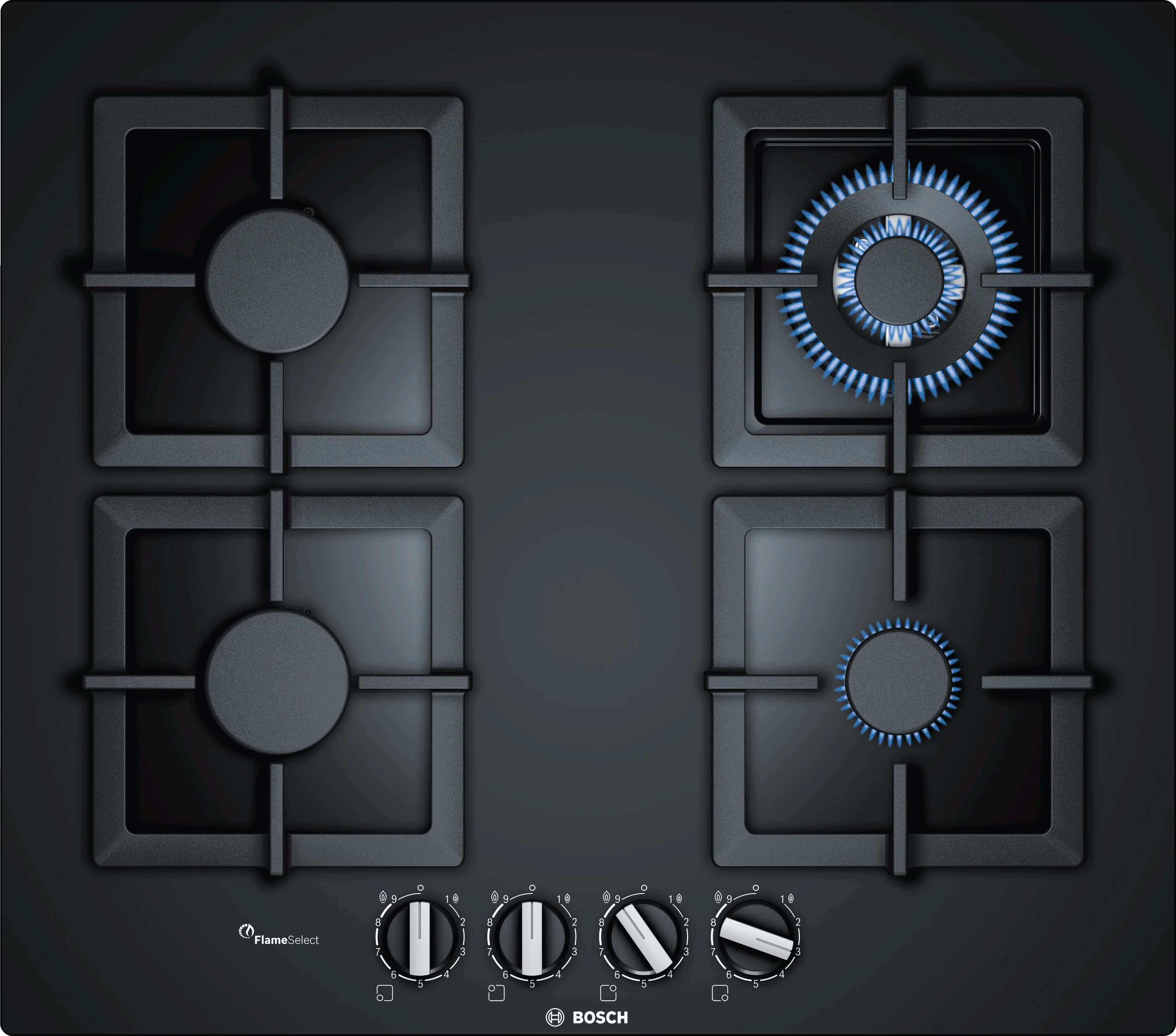 Bosch 60 cm Tempered Glass Gas Hob with FlameSelect, 4 Burners, Cast Iron Pan Supports, Wok Burner, Black PPH6A6B20