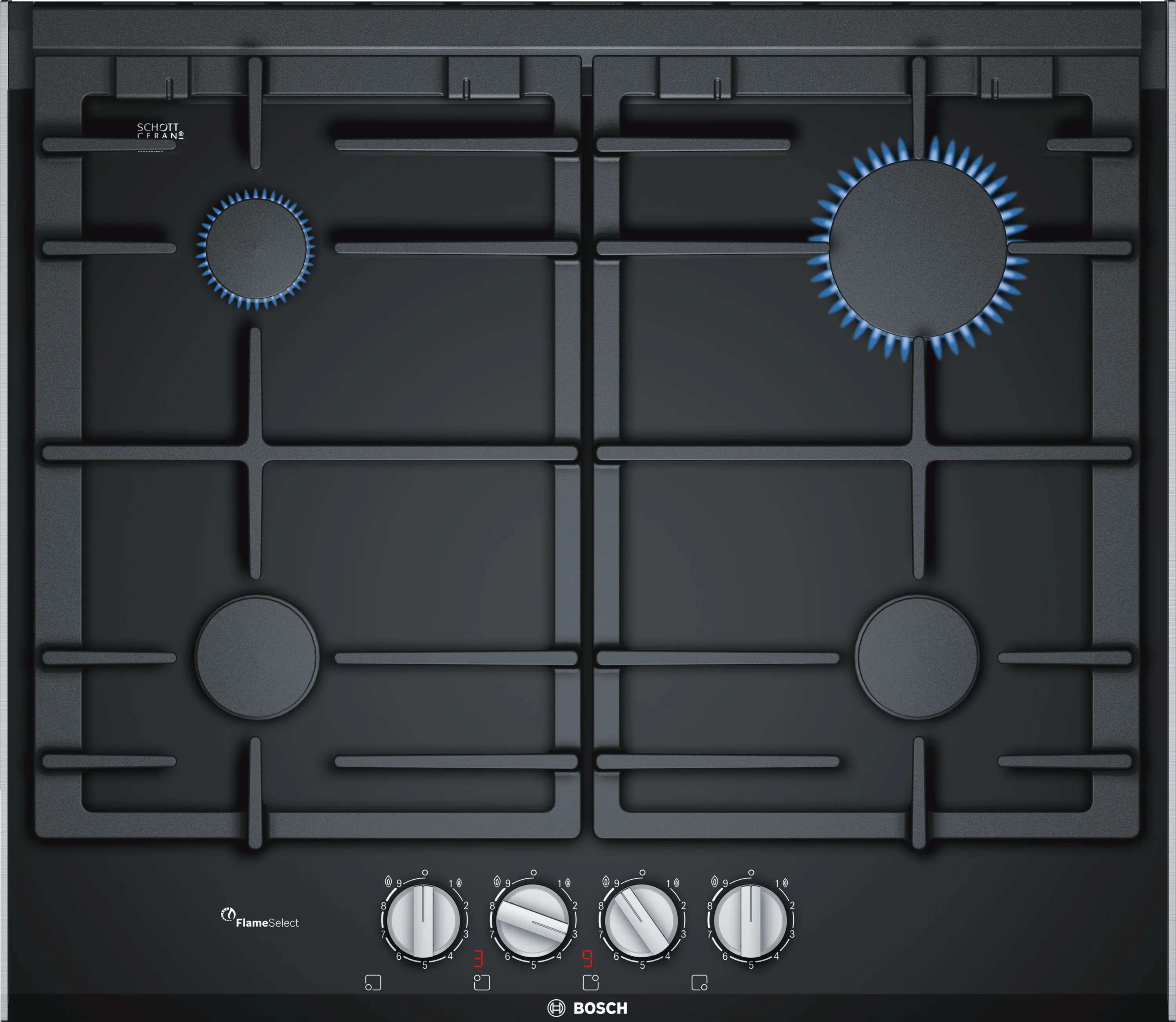 بوش طباخ غاز مدمج 60 سم، 4 عيون، سطح زجاجي سيراميكي أسود، تحكم FlameSelect بـ 9 مستويات، حوامل أواني من الحديد المصبوب، إشعال تلقائي مدمج، نظام أمان للغاز PRP6A6D70R