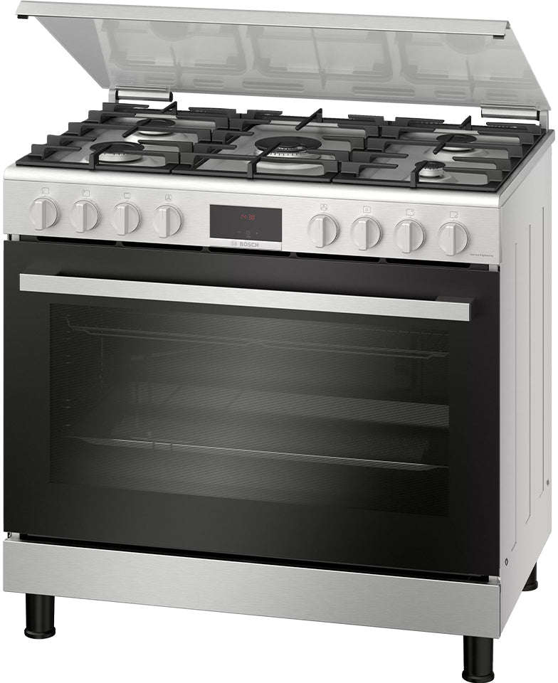 Bosch 90cm 5-Burner Gas Range Cooker with 125L Oven, LED Display, Full Safety, Stainless Steel HGW3FSV51S