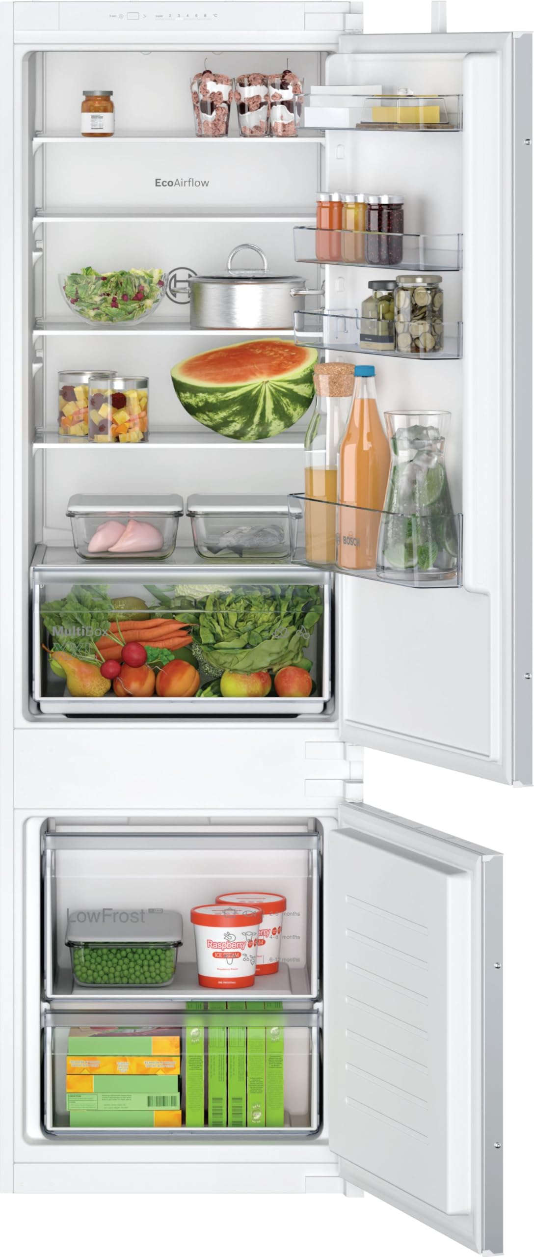 Bosch Built-in fridge-freezer with bottom freezer, 270L capacity, 177.2 x 54.1 cm, E energy class, sliding hinge, low frost KIV87NSE0