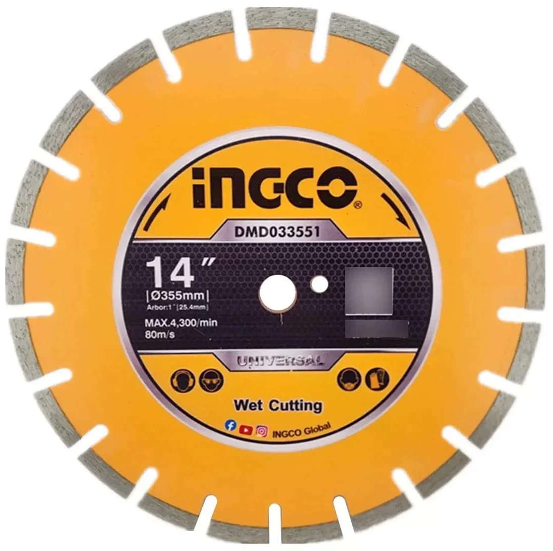 INGCO Diamond Cutting Disc For Concrete and Asphalt Diameter 355mm (14 inch) Diamond segments Bonded to a Steel core 1 Pcs Yellow DMD033551