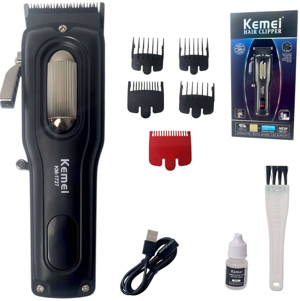 Kemei Professional Hair Clipper, 8W Powerful Motor, 2000mAh Rechargeable Battery, LCD Display, USB Type-C Fast Charging, Stainless Steel Blade, 240-Minute Cordless Use, Adjustable Guide Combs KM-1727