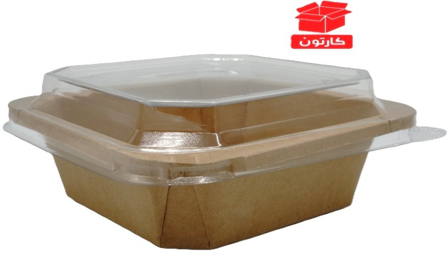 علبة مضلعة ورق كرافت 750 مل، حجم متوسط 15 × 4.5 سم، مع غطاء بلاستك كرستالي شفاف، استخدام لمرة واحدة، كرتون 300 قطعة | M007