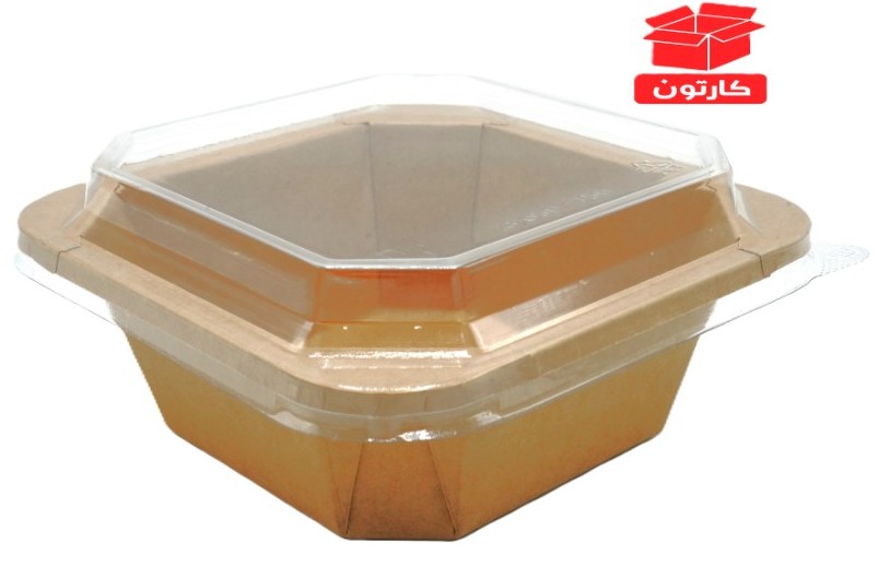 علبة مضلعة ورق كرافت 1000 مل، حجم متوسط عميق 15 × 5.5 سم، مع غطاء بلاستك كرستالي شفاف، استخدام لمرة واحدة، كرتون 300 قطعة | M008