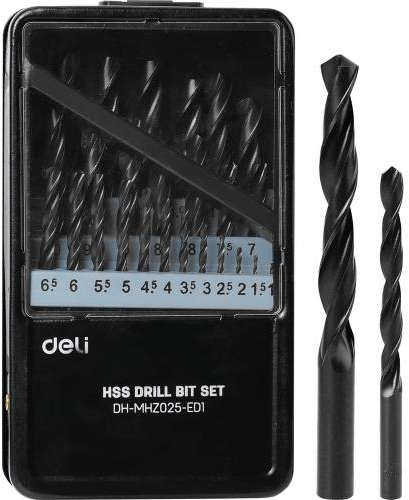 Deli 25-piece HSS drill bit set with sizes 1-13mm, 118° drill angle, DIN 338 standard DH-MHZ025-ED1