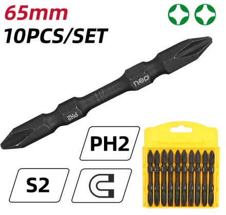 Deli 10 pcs impact-resistant Phillips screwdriver bits set PH2 x 65mm double-ended, S2 steel magnetic blackened finish DL252202