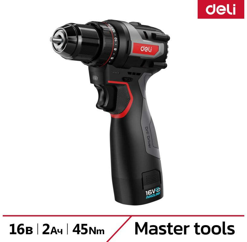 Deli 16V brushless cordless drill/driver with 45 Nm torque, 2-speed, and quick-change 10mm chuck DE-DZ16-1D2