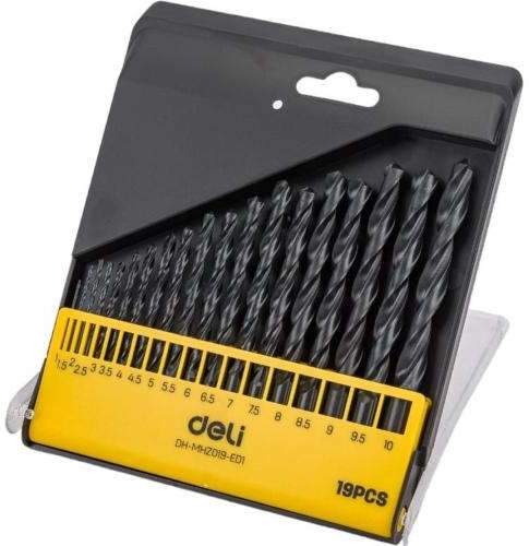 Deli 19-piece HSS drill bit set with sizes from 1mm to 10mm and 118° point angle for metal drilling DH-MHZ019-ED1