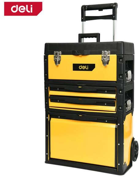 Deli Modular wheeled toolbox with three compartments and metal body, pull rod handle, and lockable sections DL-TS3C-20