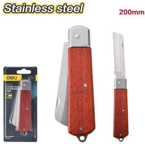 Deli Electrician's straight folding knife with 200mm stainless steel blade and wooden handle DL0070