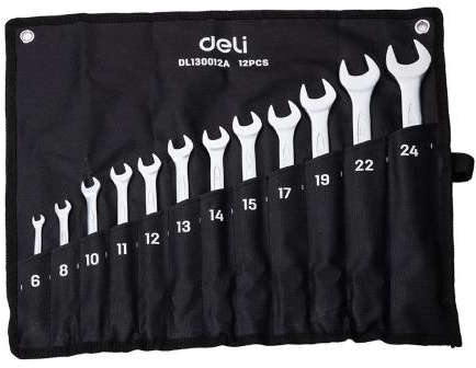 Deli 12-piece offset ring spanner set with sizes 6-32 mm in roll-up fabric pouch DL150012A