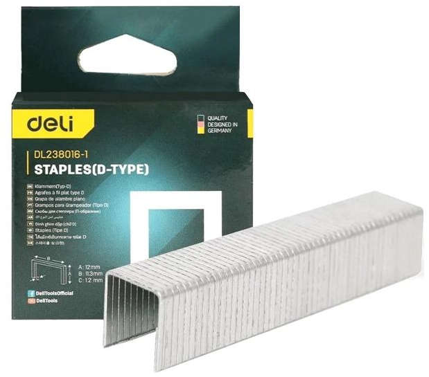 Deli D-type staples set 11.3mm crown width, 1.2mm thickness, 12mm leg length, 1000 pieces DL238016-1
