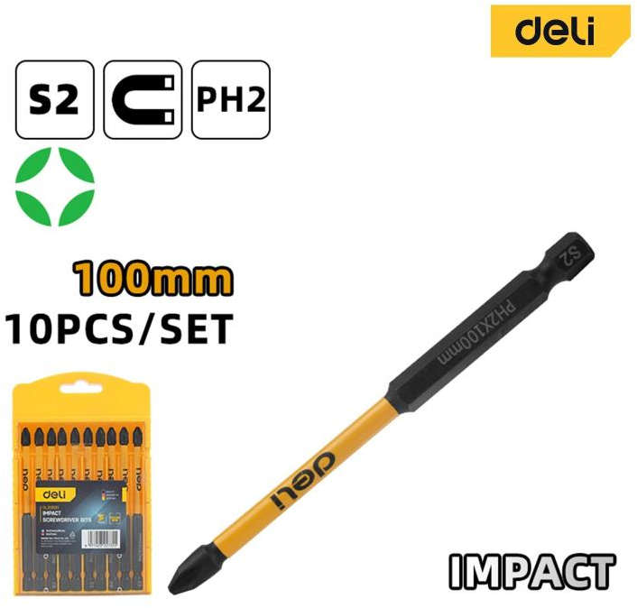 Deli Torsion bit set for impact screwdrivers PH2 150mm S2 steel 10 pcs in plastic case DL251150