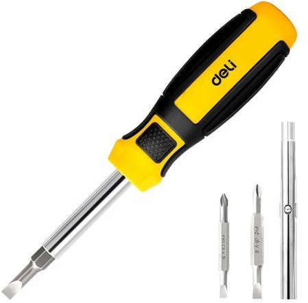 Deli 6-in-1 interchangeable head chrome vanadium steel screwdriver set with rubber-coated ergonomic handle DL260206