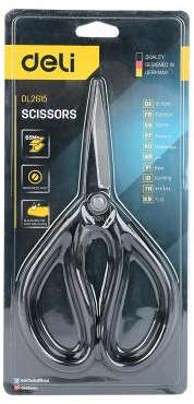 Deli Heavy-duty scissors with 200mm length high-carbon steel blades, blackened rust-resistant finish and reinforced rivet construction DL2615