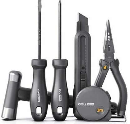 Deli 6-piece household tool set with needle nose pliers, utility knife, ball peen hammer, measuring tape, and slotted screwdriver HT0006