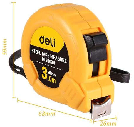Deli Steel tape measure 3 meters length x 16 mm width with auto-lock and buffer retraction system DL9003B