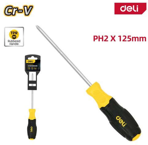 Deli Phillips screwdriver PH2 with 125mm shank and two-component rubberized handle DL636125N