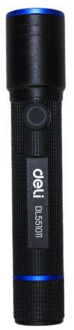 Deli Rechargeable LED flashlight with 100 lumens brightness and 5 lighting modes including strobe and SOS DL551011