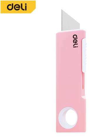 Deli Mini retractable utility knife with SK5 steel blade and back-push mechanism, pink color, compact size DL408B