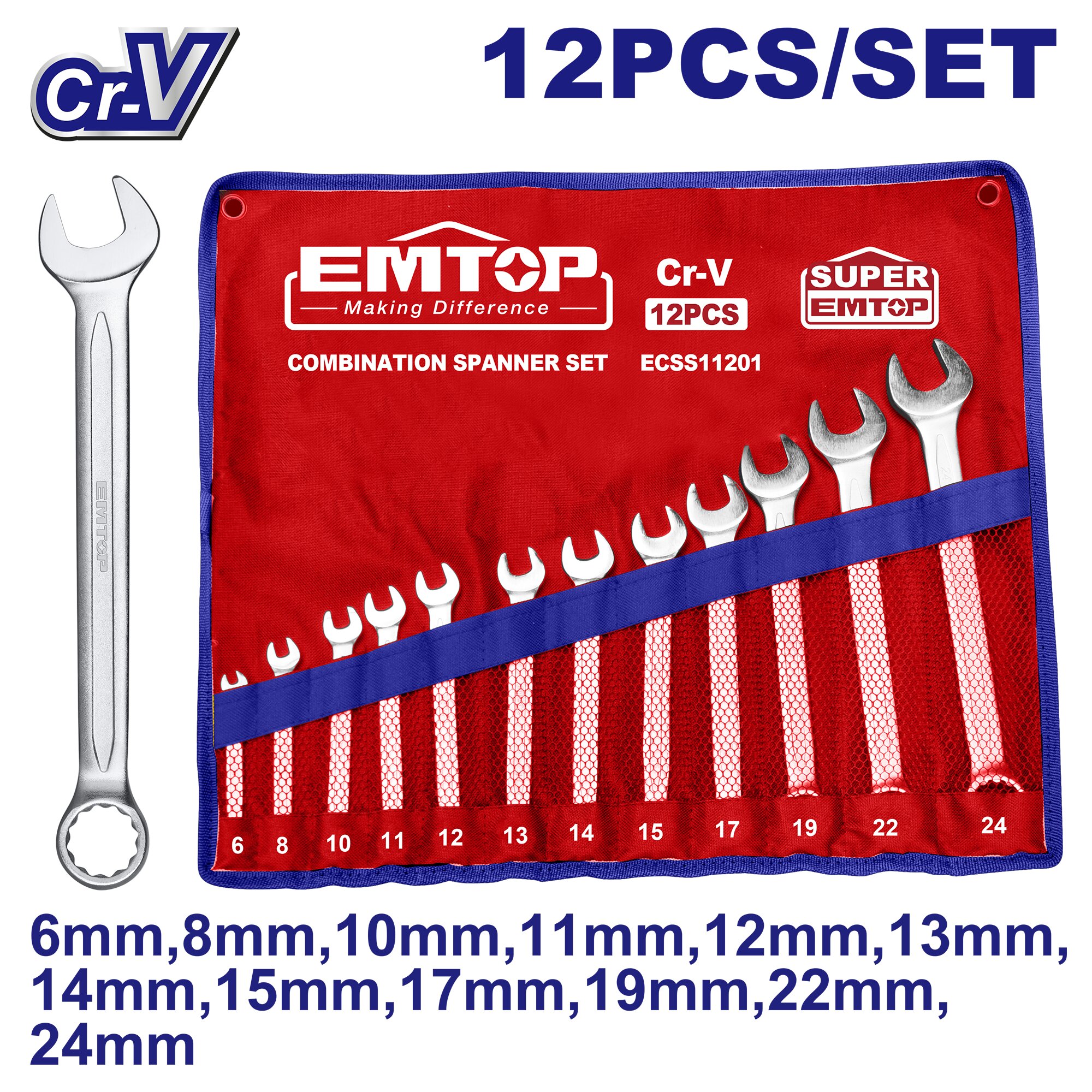 EMTOP Double Open-End Spanner Set 12 Pieces, Sizes 6–24mm, Chrome Vanadium Steel ECSS11201