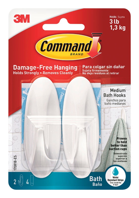 3M Command Bath Hooks, Pack of 2, 1.3 Kg Capacity, Plastic, White, Indoor 17081B-ES