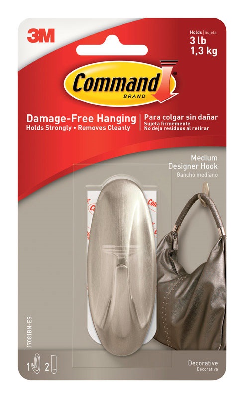 3M Command Designer Hook, 1.3 Kg Capacity, Plastic, Brushed Nickel Finish, Indoor 17081BN-ES