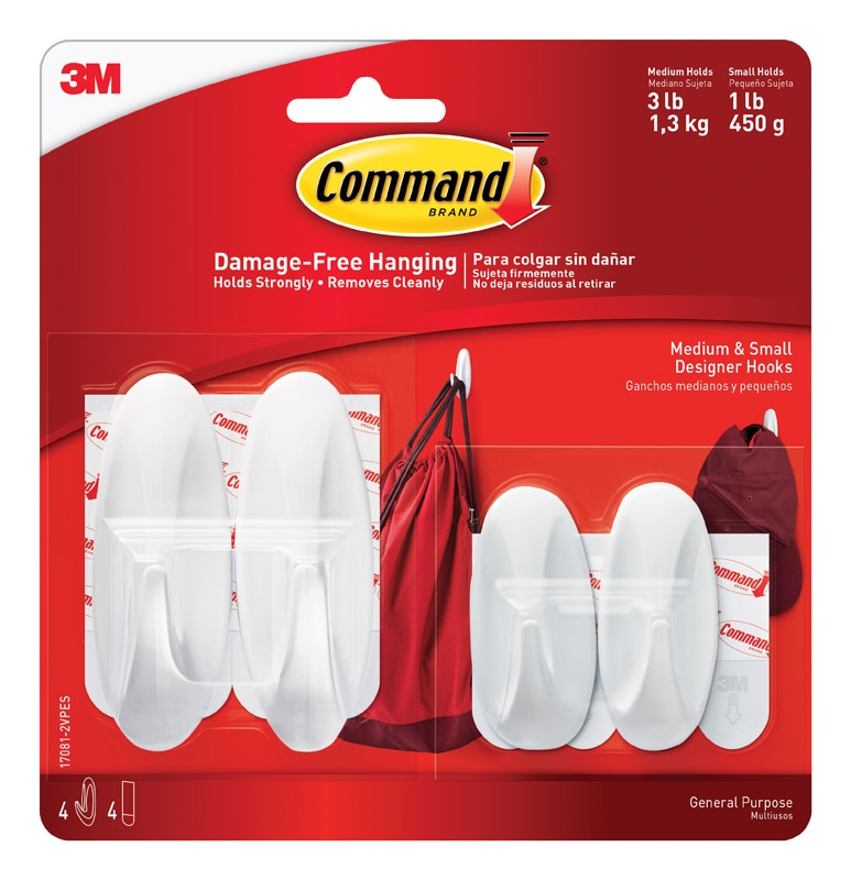 3M Command Designer Hooks, Pack of 4 Hooks, Medium and Small, Plastic, White 17081-2VPES