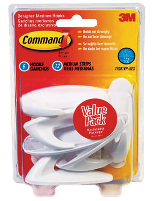 3M Command Designer Hooks, Pack of 6, 1.3 Kg Capacity, Plastic, White, Indoor 17081-6ES