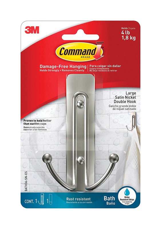3M Command Double Hook, 1.8 Kg. Capacity Large, Satin/Nickel, Rust-Resistant BATH36-SN-ES