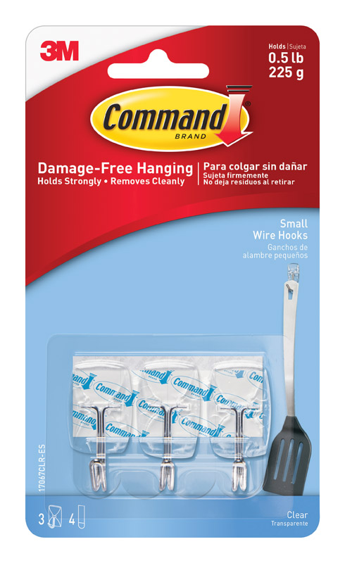 3M Command Wire Hooks, 1-5/8 inchL Small, Plastic, Pack of 3, Clear 17067CLR