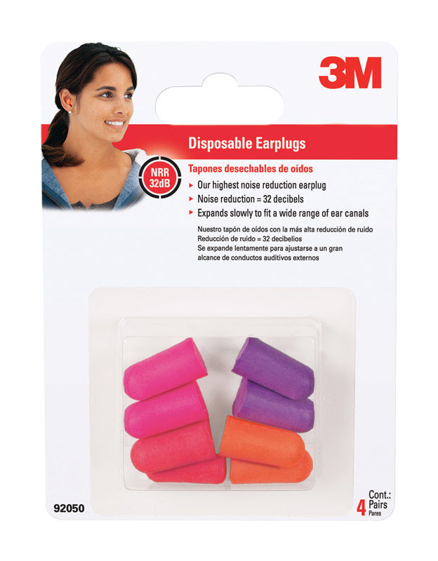 3M-ثري أم سدادات اذن للاستخدام مرة واحدة، 32 ديسيبل، إسفنج ناعم، 4 أزواج، برتقالي/بنفسجي 92050H4- DC