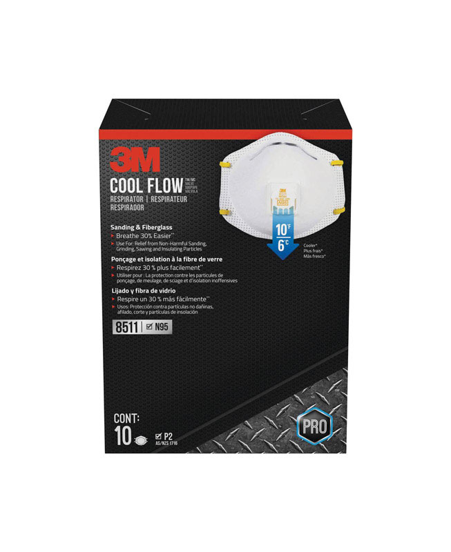 3M Cool Flow N95 Sanding and Fiberglass Disposable Respirator 8511 Valved White 10 pc. 8511HB1-C-PS