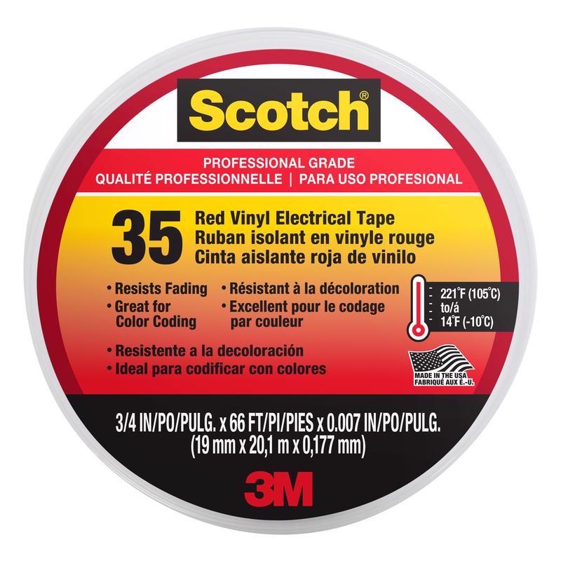 3M-ثري أم شريط لاصق كهربائي من الفينيل سكوتش 35، 3/4 انش × 20.12 متر، أحمر، يتحمل درجات حرارة من -10 إلى 105 درجة مئوية. جودة احترافية 10810-DL-2W