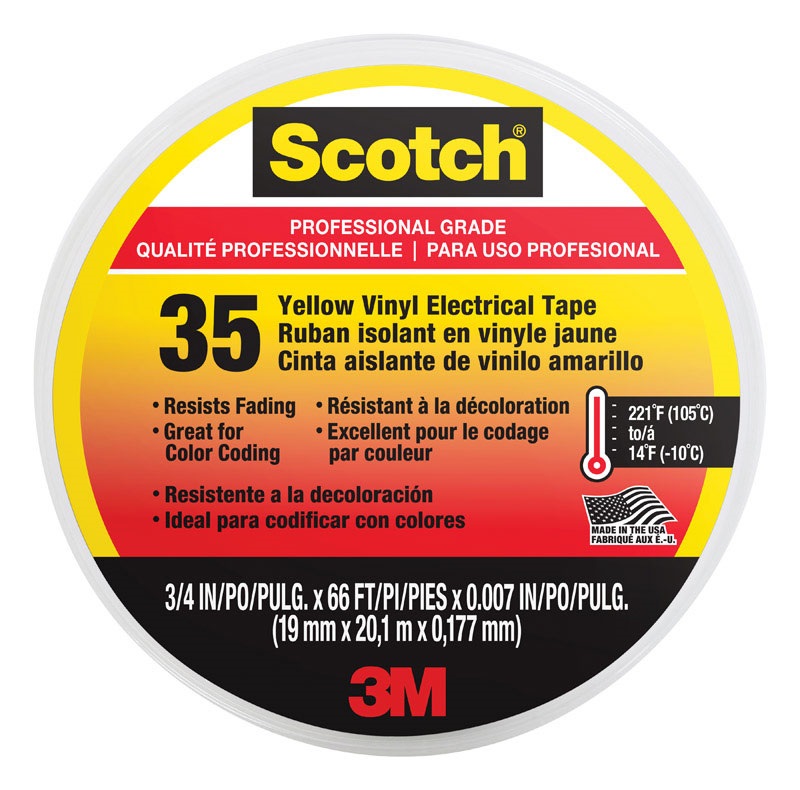 3M-ثري أم شريط لاصق كهربائي من الفينيل سكوتش 35، 3/4 انش × 20.12 متر، أصفر، درجة احترافية 10844-DL-